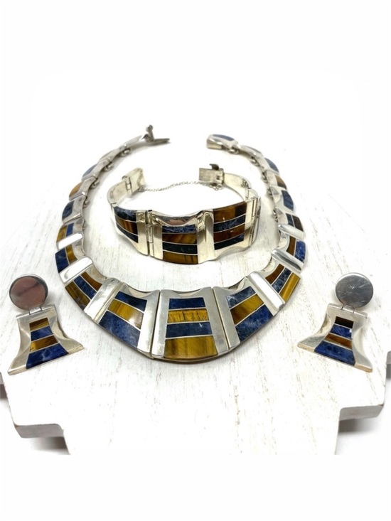 Taxco Jewelry - TAXCO three piece sterling silver set with inlaid gemstones, NWOT